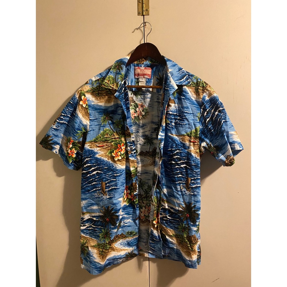 RJC Button Down Shirt Mens Large Blue Excellent Tropical Hawaii Palm Tree USA